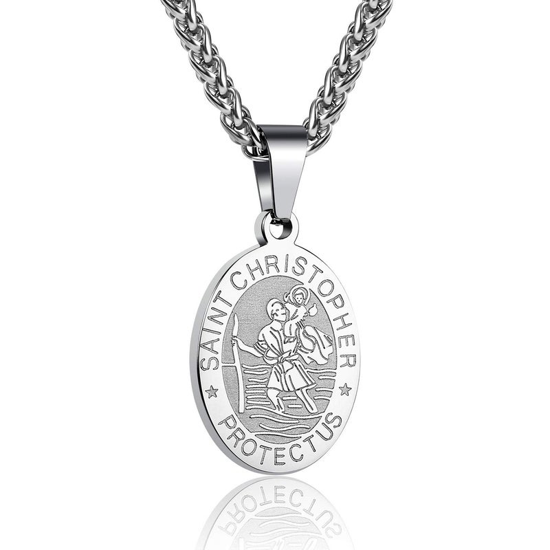 RS Silver St Saint Christopher Medal Necklace for Men Boys Stainless Steel Pendant Chain Catholic Religious Baptism First Communion Confirmation Jewelry Gifts Teen Teenage Him Son - Image 1